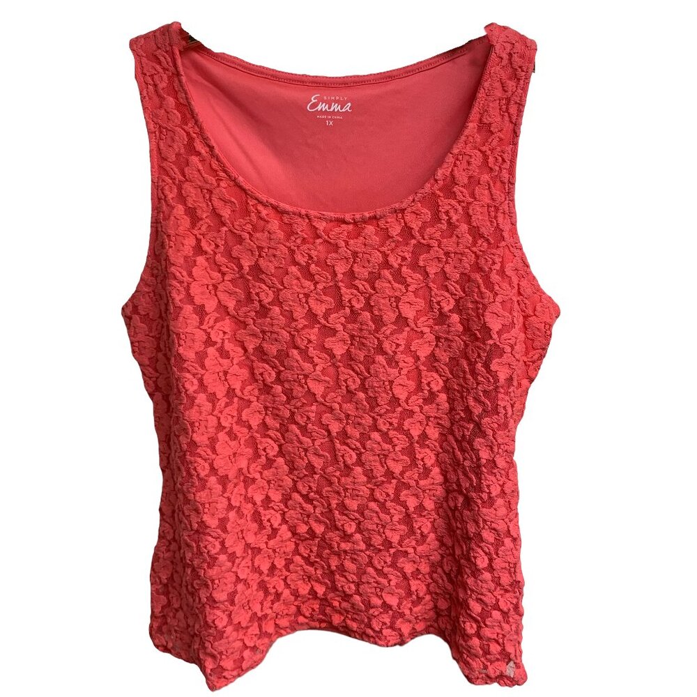 Simply Emma Coral Cotton Blend Floral Embroidered Mesh Overlay Tank